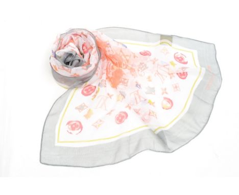 A Louis Vuitton silk floral scarf, 1990s, abstract design with the LV monogram in shades of peach and grey 
