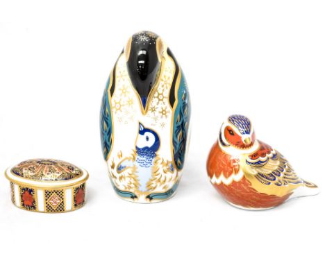 A Royal Crown Derby penguin, with a gold stopper, plus a finch, with a silver stopper, together with a 1128 pattern trinket b