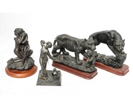 Tigers and cub (pair), 'The Kiss' and a cast bronze Spanish dancer (4) 