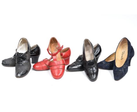 Mid 1960s red leather 30s style sandal/shoe together with a pair of black leather early 1930s court shoes, also a pair of nav