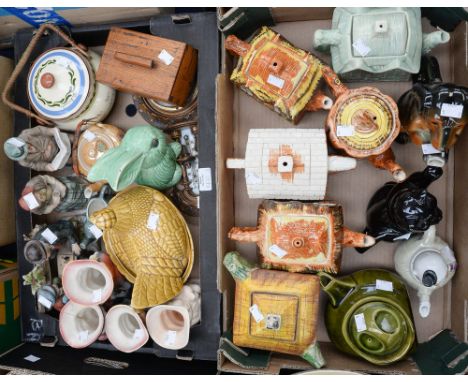 A box of assorted novelty teapots, including Price Bros. cottage ware teapots, one in the form of a cat, together with a box 
