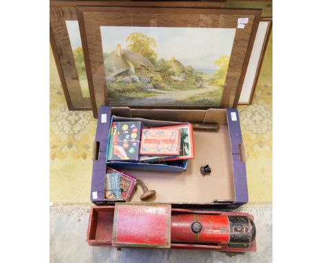 A box of assorted items including a LMS model train with a silvered chapter dial, a collection of various model planes and bi