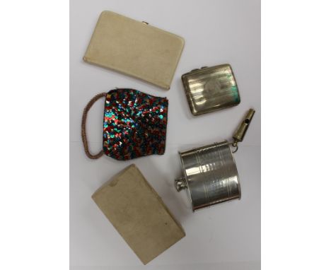 A Victorian Field whistle Leman Street, London (possibly police whistle), an EPNS cigarette case, a pewter hip flask boxed, h