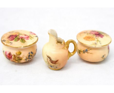 A miniature Royal Worcester blush ivory flat back jug and two miniature covered bowls (3)