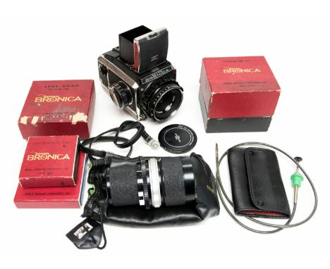 A vintage Bronica 52 camera with 75mm lens and Komura 200mm includes filters etc 