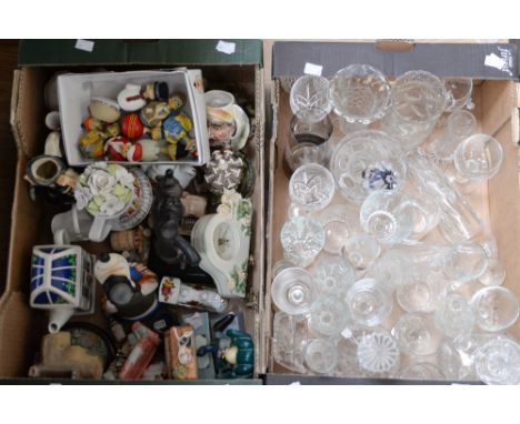 Six boxes of assorted ceramic figures and glassware to include Pendelfin, Disney, vases, decanters Caithness etc 