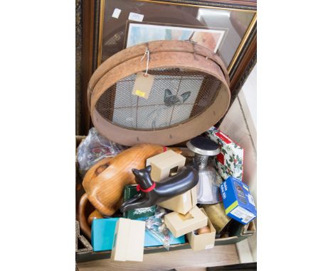 Box of miscellaneous pieces including wood,  plate and two prints 