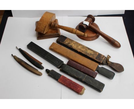 Two gavels and vintage cut throat razors