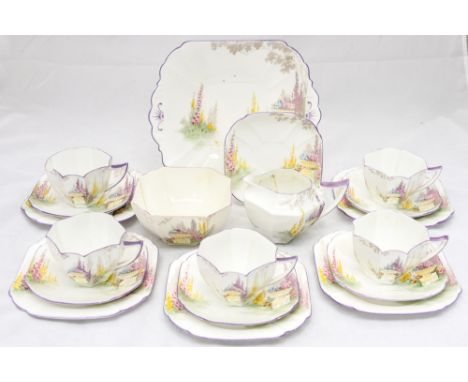 A Shelley part tea service 1930s 'Hollyhocks' pattern