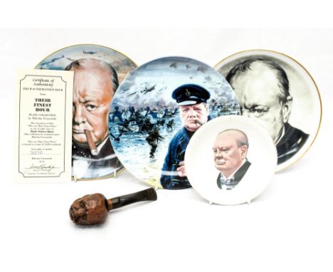 A carved briar pipe of Sir Winston Churchill and a collection of Cabinet plates and a bowl, Winston Churchill related