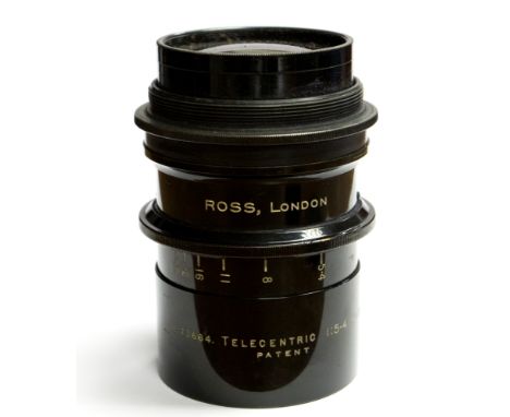 A vintage large format camera lens, Ross London Telecentric 1:5.4 11 inches, circa 1920.