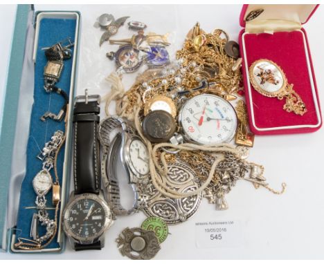 A Royal Airforce Association stick pin, three military sweetheart brooches, a silver and enamelled, Birmingham, Catholic Foot