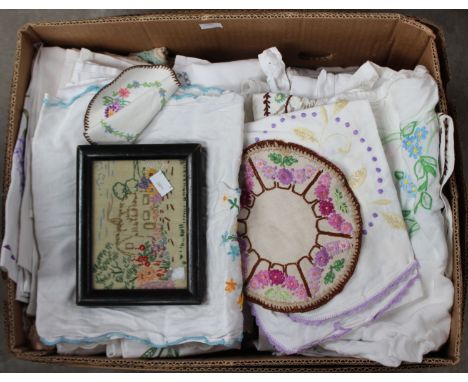 One good box of vintage table wares to include hand embroidered tablecloths and table runners, mostly white with coloured emb