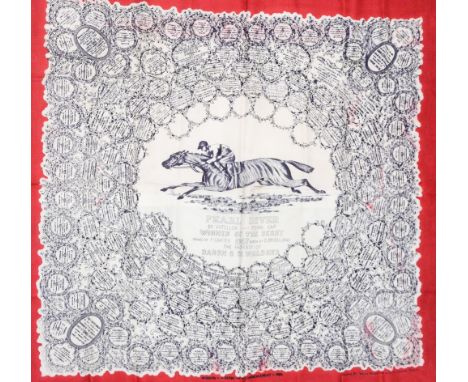One framed silk scarf featuring the 1900 Derby winner 'Diamond Jubilee', screen printed on silk in colours of blue and brown,