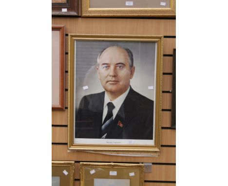 A Russian print of Gorbachov Circa 1987, coming loose from frame wearing his CCCP badge