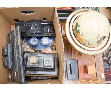 Box of ink stands and ink wells with globe