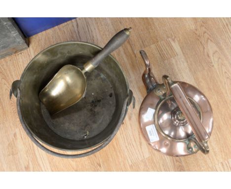 A copper kettle and brass jam kettle etc