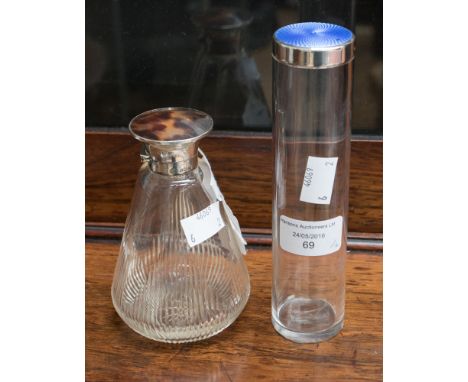 A George V silver topped glass scent bottle and stopper, with inset faux tortoiseshell, Adie Brothers Birmingham 1923, togeth