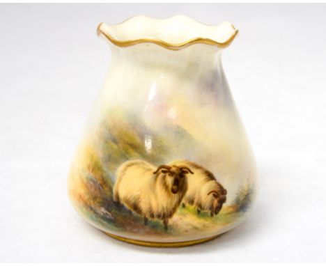 E.M. Baker, a Royal Worcester vase painted with highland sheep in hilly landscape, signed, balster form with crimped edge 