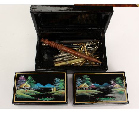 Three Vietnamese lacquer boxes with stick pins, propelling pencils 