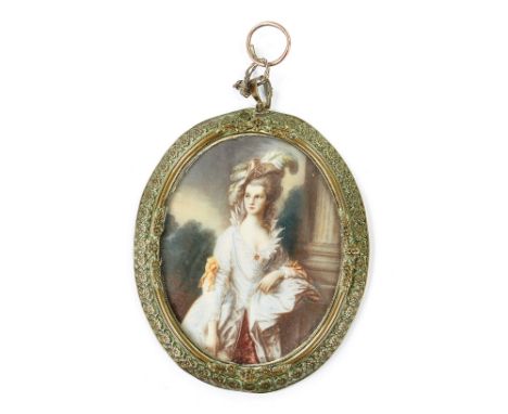 A 20th Century decorative portrait miniature in the manner of Gainsborough, indistinctly signed, pressed metal frame, 8 cm by