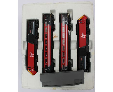 A Hornby Virgin train set, comprising of engine, back carriage and two carriages, complete in box 