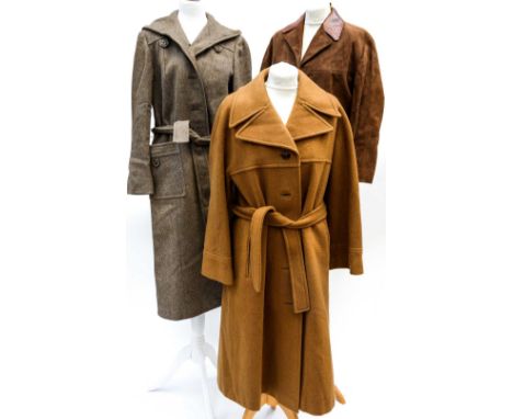 An early 1970s wool fawn coat with hood and a suede 1960s coat with leather collar and pocket tops, a light brown Harella woo
