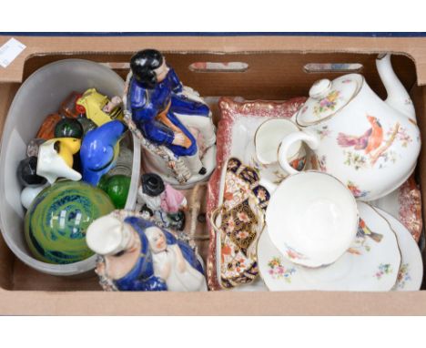 A Royal Doulton part tea service, oriental birds with two Royal Doulton miniature birds,glass stoppers etc (1 box)