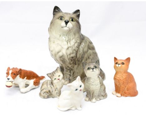 Group of five Beswick and Doulton cat to include a large Beswick Persian cat, together with a Beswick dog with ball (6)