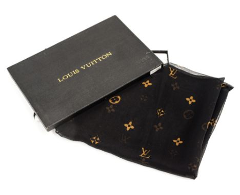A Louis Vuitton pure silk scarf in original box in Louis Vuitton wrapping paper, black with gold print 'new',  probably 1970/