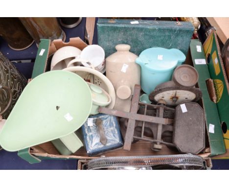 A box of assorted kitchenalia, scales, tins, knives and forks etc