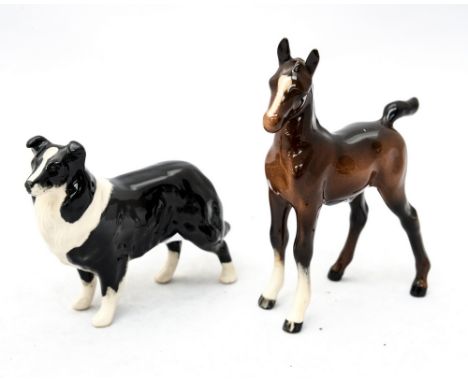 A Beswick rough haired black and white collie, together with a Beswick type, unmarked, racehorse foal (2)