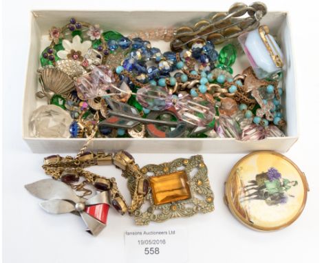 Cut glass late 19th early 20th Century beads, Art Deco cup, paste and gilt metal bracelet, rosary, Potter & Moore powder comp