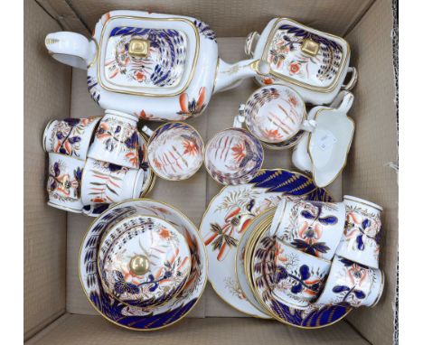 A box of Copeland Spode Felspar Porcelain, part tea service, Imari pattern number 2214, including tea pot, sugar and milk etc