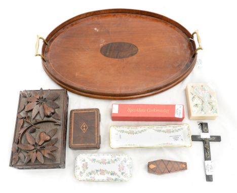 An inlaid twin handled Georgian mahogany tray, with assorted carved and inlaid trinket boxes etc(9) 