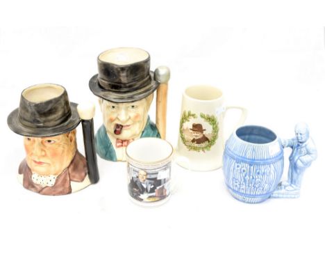 Two Churchill character jugs one marked Saxony to base, a Royal Doulton tankard 'Finest Hour', a Royal Worcester tankard and 