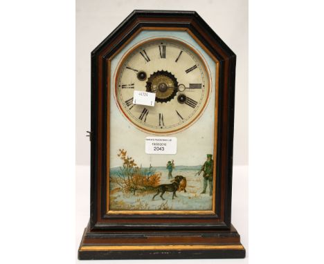 An ebonised mantle clock having hunting scene to glass front, enamelled dial (af) with Roman numerals (key and pendulum)