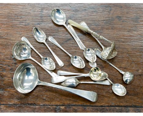 A George III Old English pattern  silver sauce ladle, marked for London 1808, together with a quantity of Victorian and later
