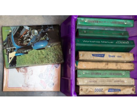 Two boxes of car manuals (Triumph, Mini Minor etc), scrapbook relating to racing, automobile books etc ***PLEASE NOTE THERE I