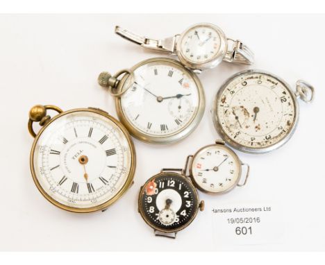 A yellow metal Tell Chronograph Hunter pocket watch,with two further pocket watches, two ladies' white metal enamel faced wri