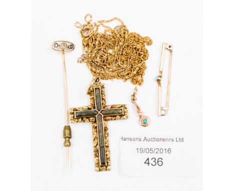 A gold and hard stone cross, 10.1 grms gross approx., gold chains 9ct, 7.7 grams approx. stick pin with amethyst, turquoise a