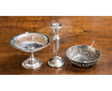 A George V silver pierced bowl, Walker & Hall, Sheffield 1920 with a weighted pierced silver tazza and silver weighted candle