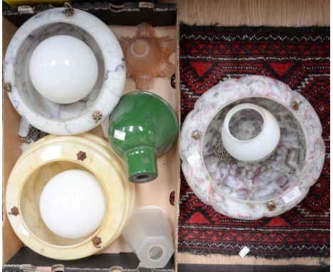A collection of industrial metal and glass light fittings and shades (1 box and 2 loose)
