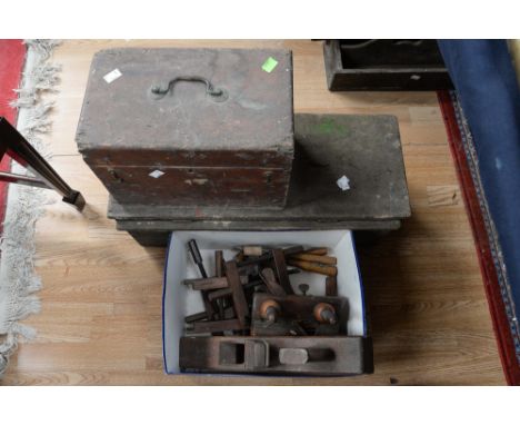 Various planes, wooden clamps and other tools and tool chest