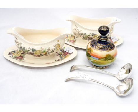 A pair of Johnson Bros sauce boats, hand finished transfer print floral pattern, with two sauce ladles 'Garden Bouquet' toget