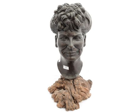 Bronze bust of an Edwardian lady, stamped J.S.N 1900 on burr wood base