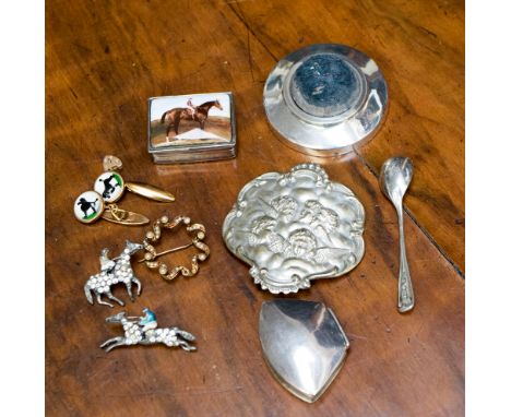 A silver enamelled patch box, equestrian interest, with a further silver patch box and silver pin cushion etc