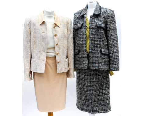 A Jaeger grey tweed Chanel type jacket (wool blend) edged with braid, UK size fourteen, with a pencil skirt, a yellow/mustard