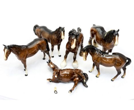 A Beswick collection of horses in brown, including two shirehorses (6)