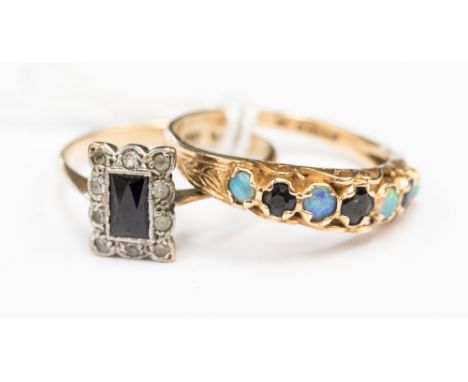 A 9 carat gold sapphire and opal ring, and a sapphire and diamond ring 3.6 grms approx